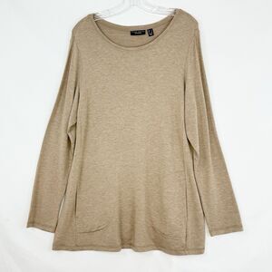 Susan Graver Weekend Beige Long Sleeve Round Neck Pocket Poly Knit Top Large